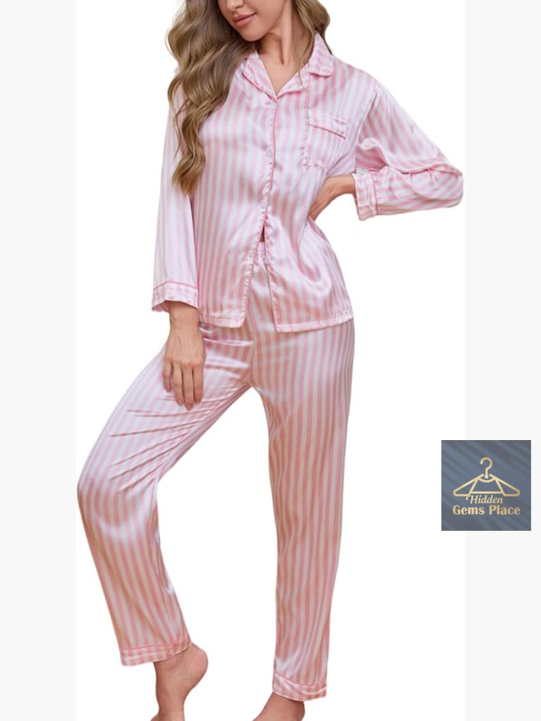 Womens Silk Feel Satin Pajama Set Long Sleeve Button Down Loungewear Sleepwear